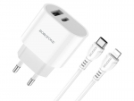 Зарядное устройство Borofone BA62A Wiseacre 1xUSB + USB-C + кабель Lightning White 6974443383041